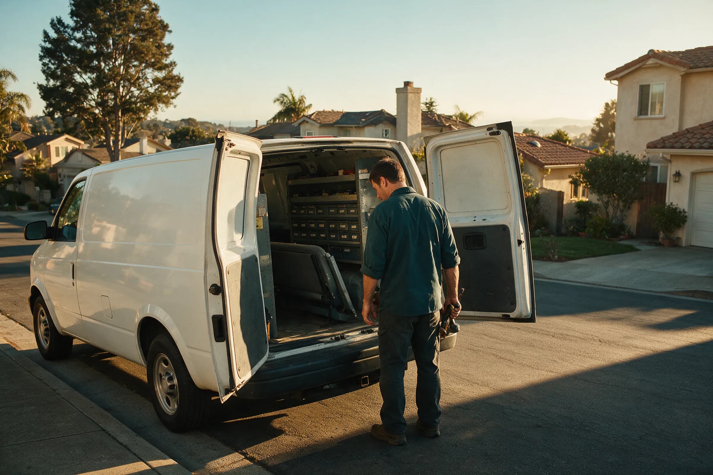 Hillsdale Lock & Key van on a tree-lined San Mateo street