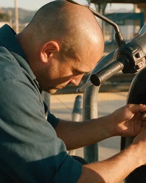 Quinn Halloran, owner of Hillsdale Lock & Key, working a key into a scooter ignition
