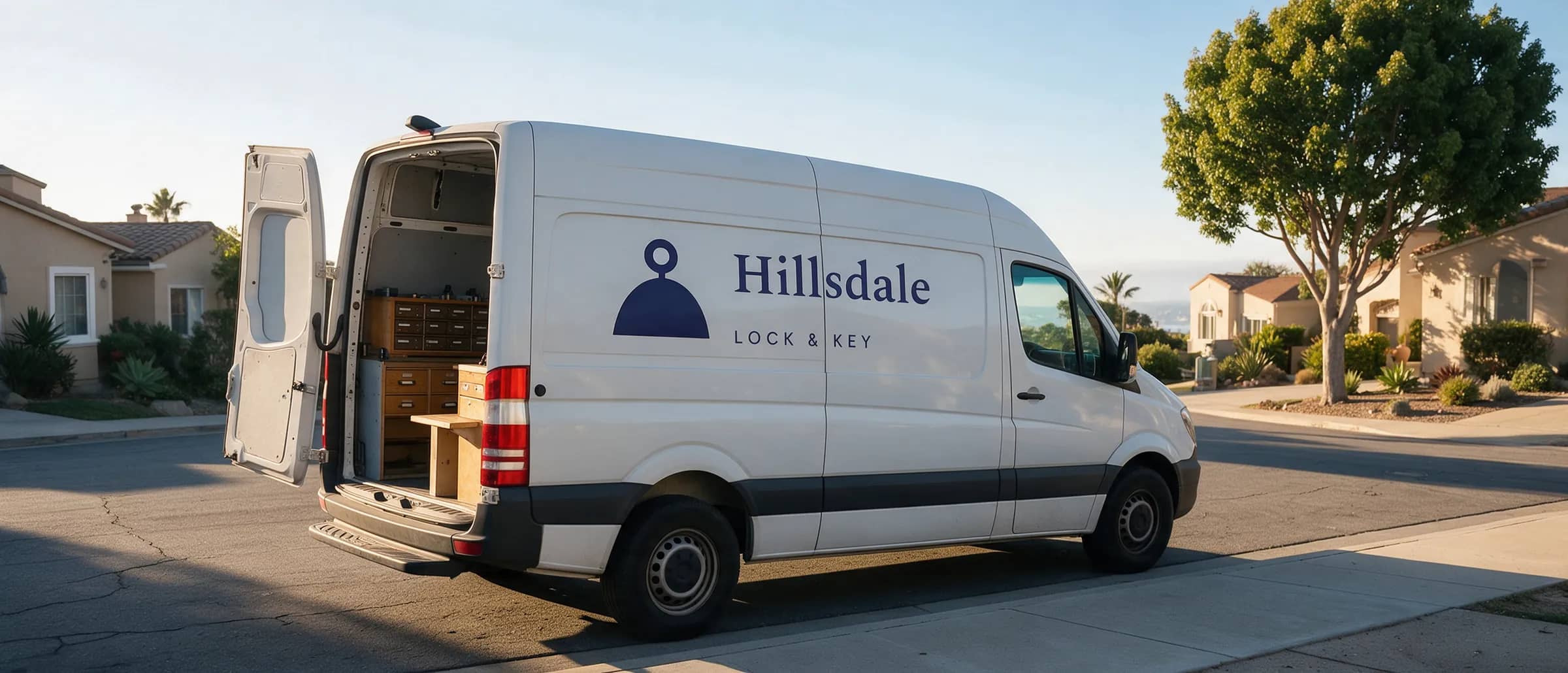 Hillsdale Lock & Key van on a tree-lined San Mateo street